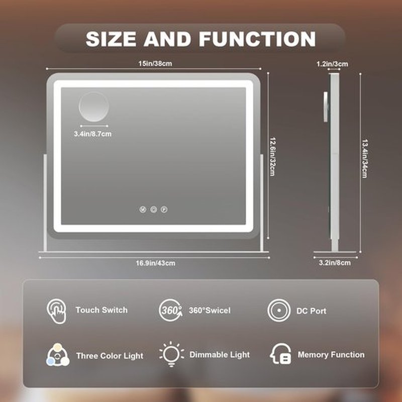 Hasipu Vanity Mirror with Lights, 15" x 13" LED Makeup Mirror, Light up Mirror with 10X Magnification, Smart Touch 3 Colors Dimmable, 360° Rotation (White)