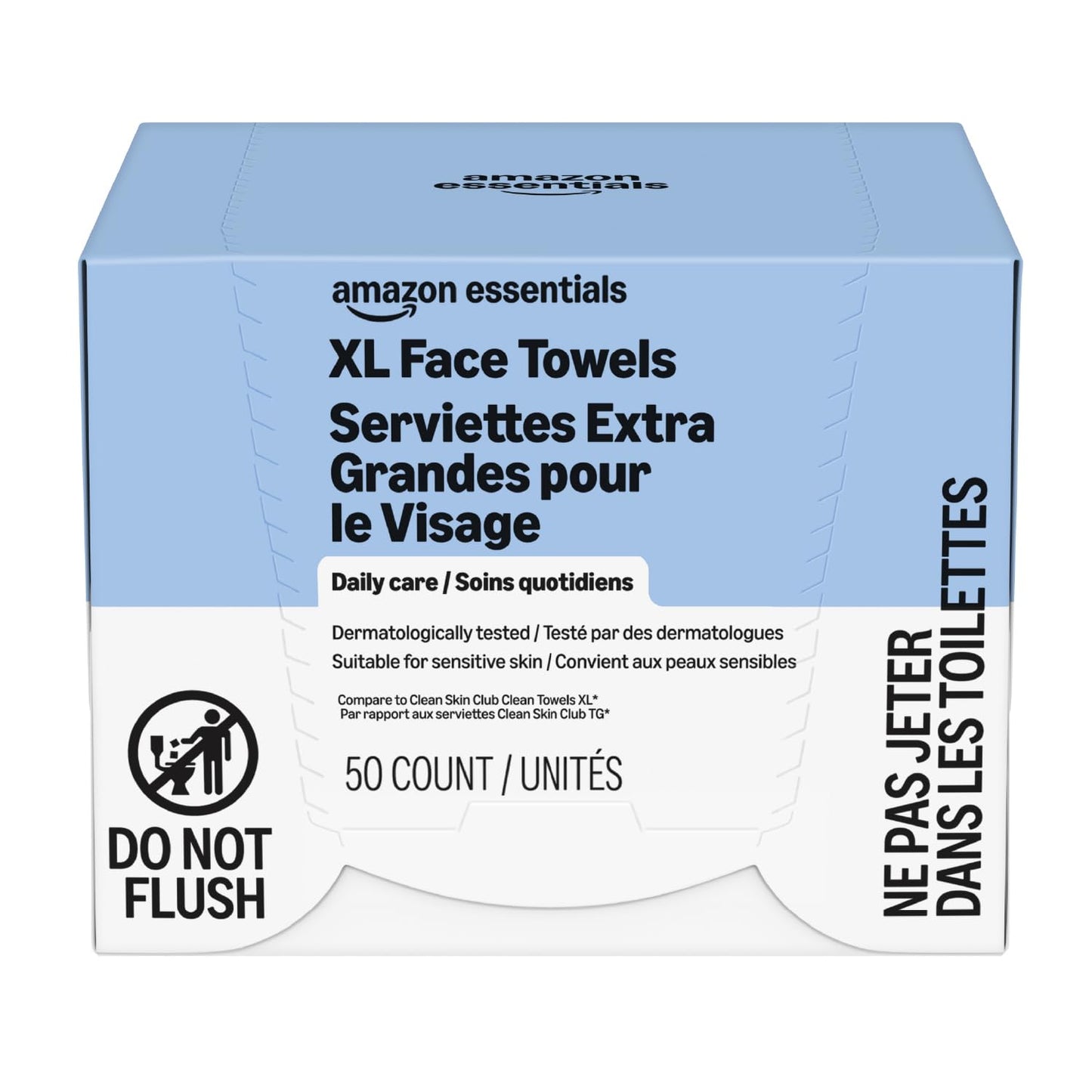 Amazon Essentials XL Dry Face Towels, Ultra Soft, Disposable, Dermatologically Tested, 10 x 12 Inches, 50 Count, Pack of 1