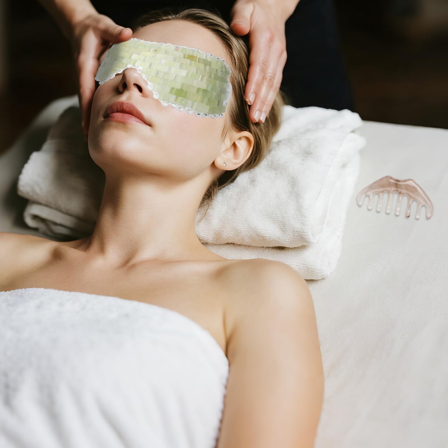 2 Pcs Jade Eye Mask and Scalp Massage Comb Set, Natural Jade Stone Hot & Cooling Eye Mask for Puffy Eyes & Help Soothe Eye Fatigue, Resin Scalp Massager Tool for Relaxation and Head Care (Light Green)