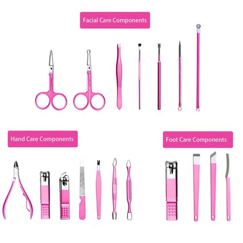 Glamne Manicure Pedicure Set Professional Nail Care Grooming Kitwith Travel Case 18pcs (Shining Pink)