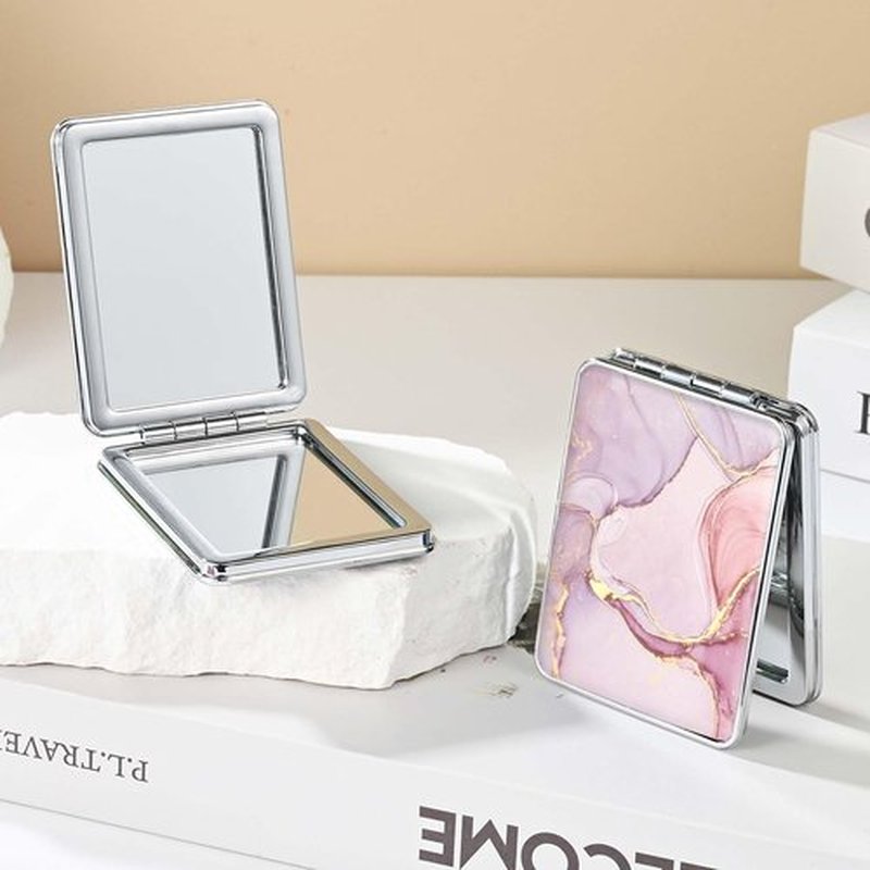 dcdcee Pocket Mirror, Small Travel Mirror with Magnification, Portable Double-Sided Magnifying Cosmetic Mirror for Daily (Pink Marble)