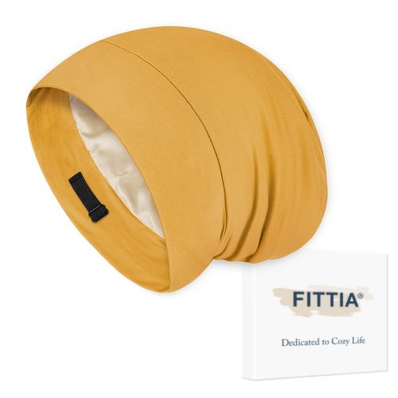 Fittia Satin Hair Bonnet for Sleeping, Silky No Frizzy for Curls Care, Adjustable Strap for Non-Slip, Dreadlocks Cap for Women&Men Mustard Yellow