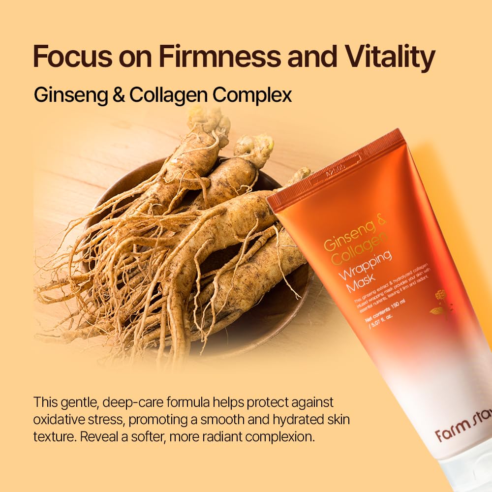 FARMSTAY Ginseng Collagen Wrapping Mask for Glass Skin - Hydrating Peel Off Face Mask with Real Ginseng Extract, Night Facial Skincare for Glowing & Radiance, Includes Application Brush, 5.07 fl oz
