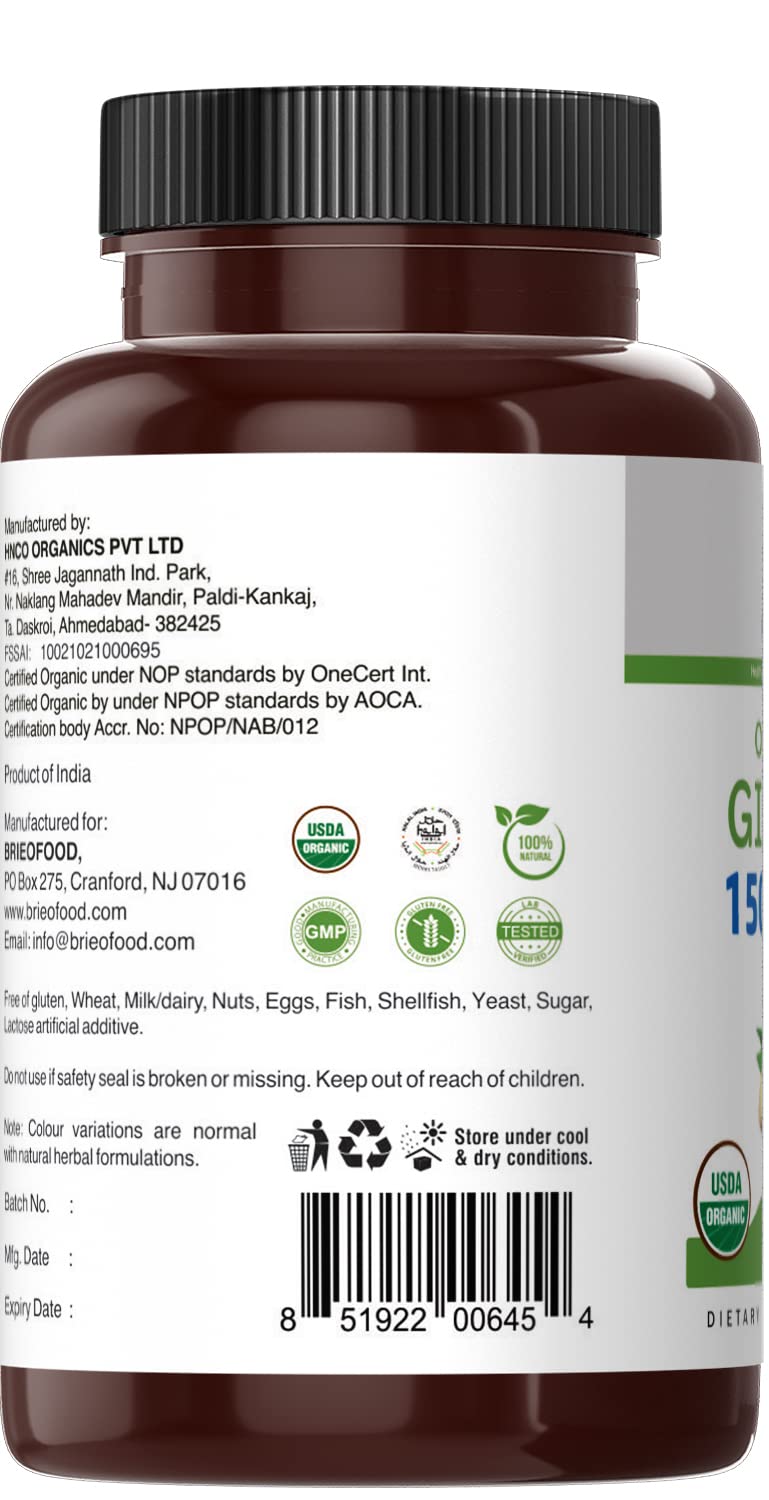 Brieofood Organic Ginger 1500mg, 45 Servings, Vegetarian, Gluten Free, 90 Vegetarian Tablets