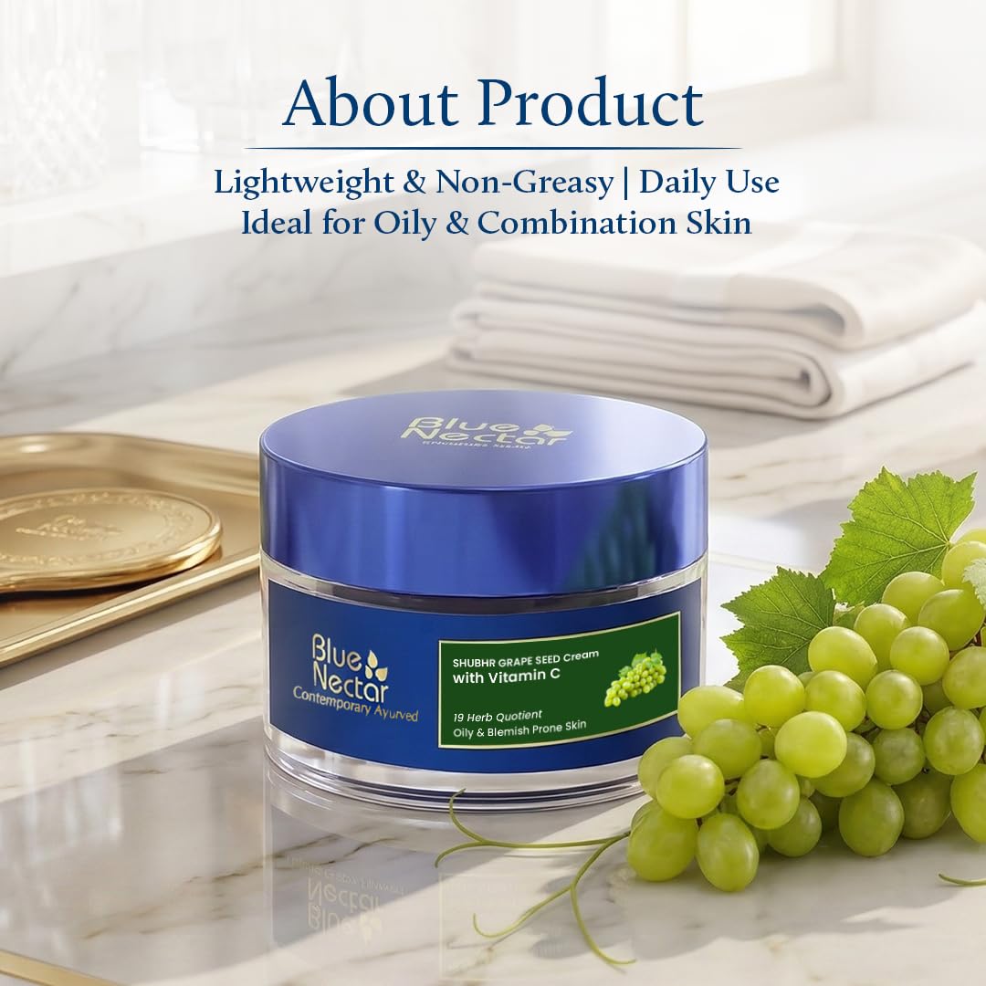 Blue Nectar Vitamin C Face Moisturizer for Oily & Acne Prone Skin with Grapeseed | Oil-Free | Plant Based Vit C Cream for Women (19 herbs, 1.76 fl oz)