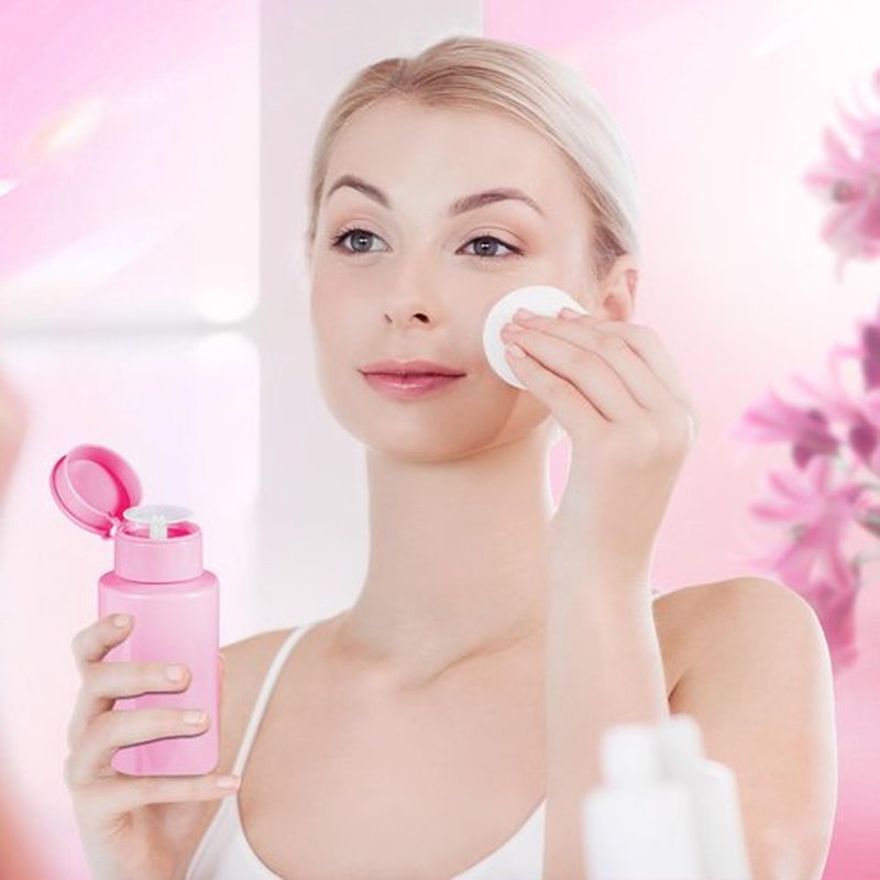 YAMYONE 2 Pack Pink Push Down Pump Dispenser - Nail Polish Remover Pump Empty Refillable Bottle Containers for Makeup Remover Micellar Water Facial Toner, 200ml 6.7oz