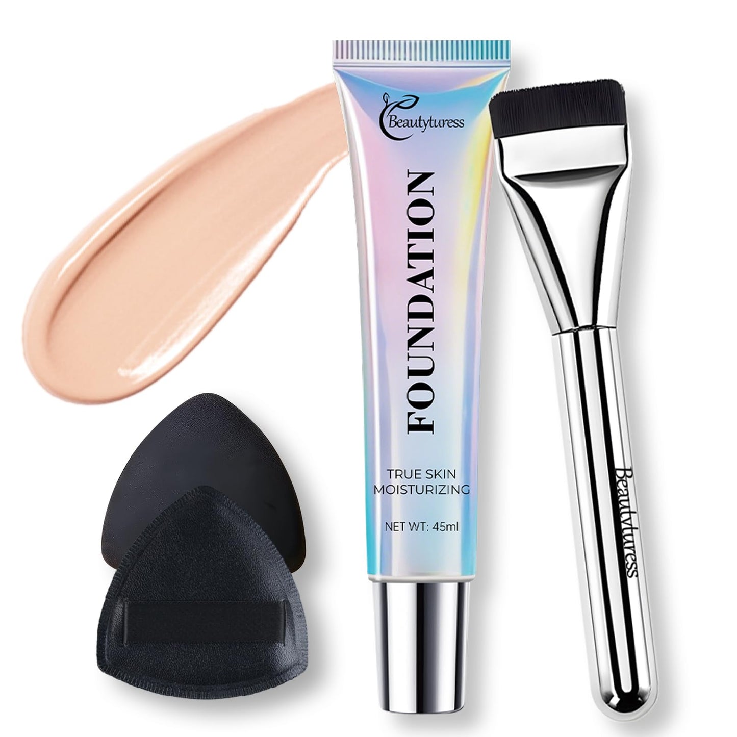 Hydrating Foundation Liquid 45ml - Natural Skin Finish, Buildable & Long Lasting Makeup with Hyaluronic Acid & Niacinamide - Includes Foundation Brush & Blender Sponge (NO2)