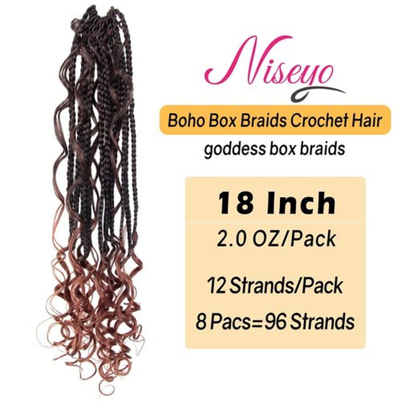 Niseyo Goddess Box Braids Crochet Hair 18 Inch 8 Packs Long Crochet Box Braids Pre Looped Curly Ends Boho Style Synthetic Hair (T350/Ombre Ginger Red)