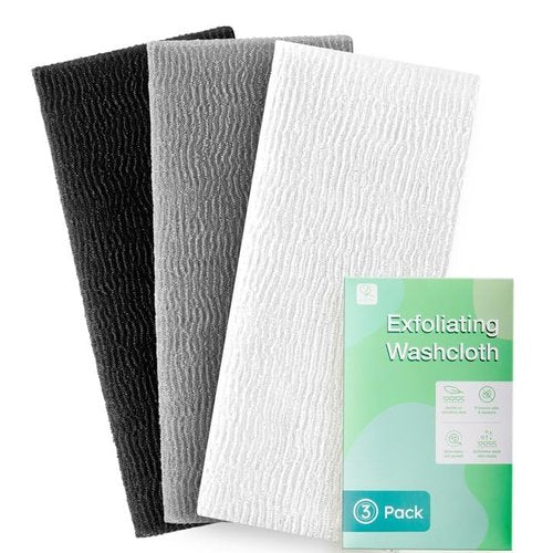 RIUOTA 3 Pieces Exfoliating Washcloth Shower Towel African Net Sponge Japanese Wash Cloth Face Exfoliating Sponge Loofah Exfoliating Body Scrubber for Body Exfoliation (Black,White,Grey)