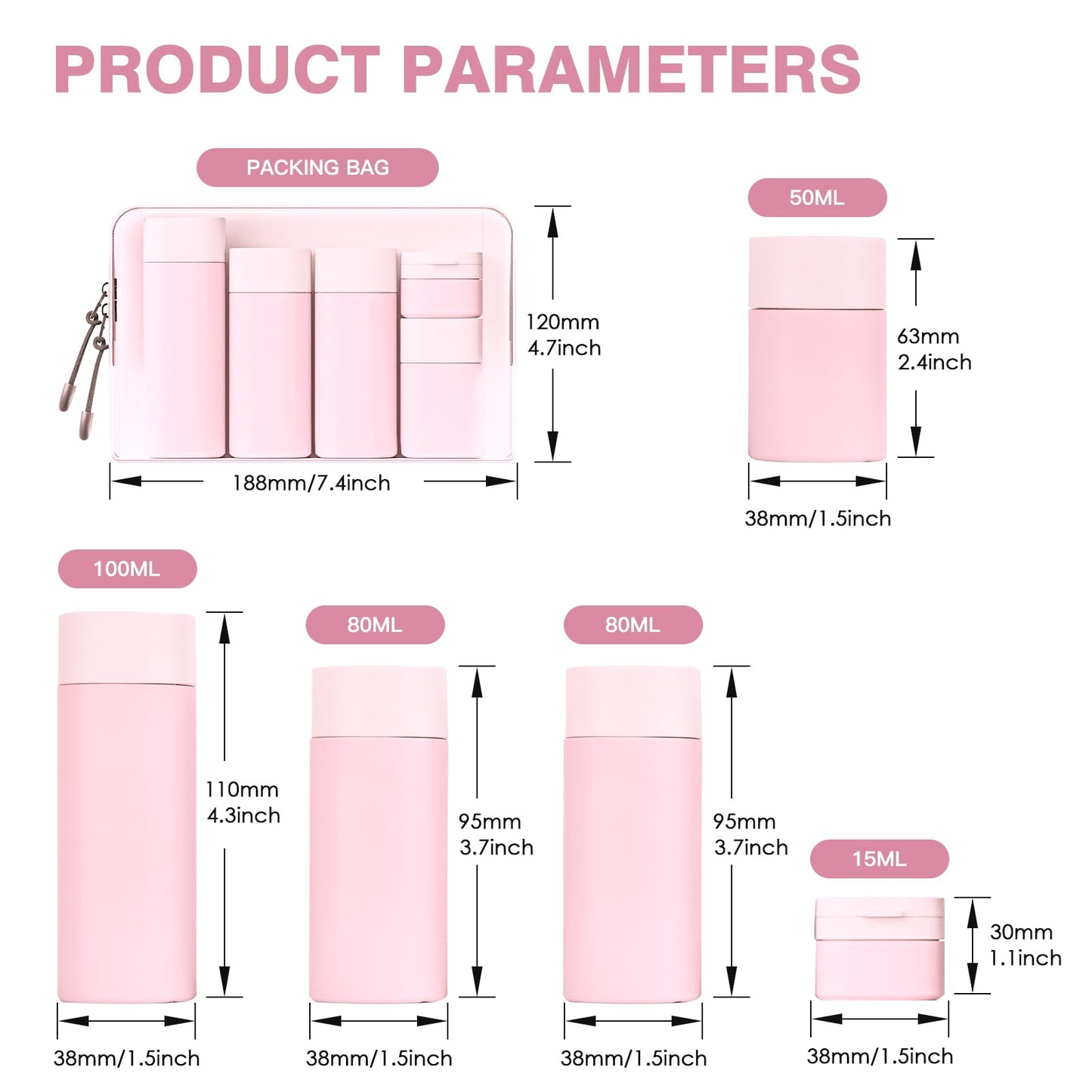 Travel Bottles for Toiletries, 5 Pack Travel Size Containers, TSA Approved Leak Proof Refillable Portable Travel Toiletry Bottles Set with Clear Toiletry Bag for Shampoo Conditioner, Lotion (Pink)