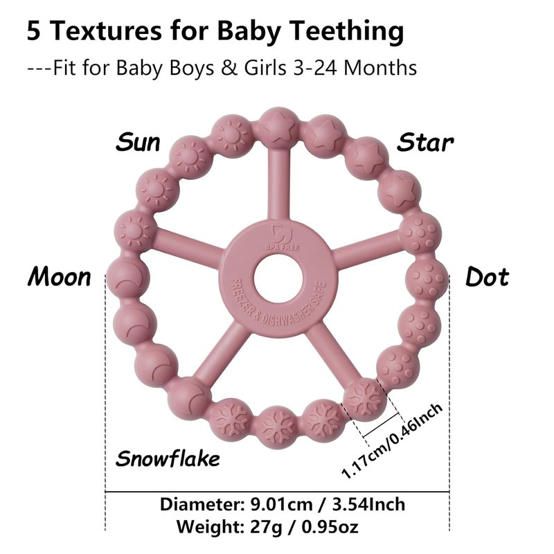 Silicone Teething Ring Toys for Babies | 3-Pack Infant Teether Set - Purple, Pink, White - 0-24 Months