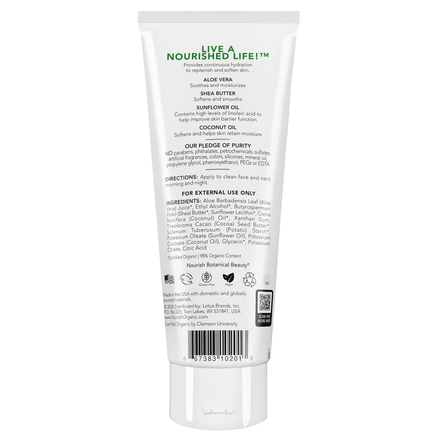 Nourish Organic Body Lotion, Unscented – Hydrating Body Lotion for Dry Skin with Certified Organic Aloe Vera, Shea Butter, Coconut Oil & Cocoa Butter + Washable Cotton Round (2 Piece Set)