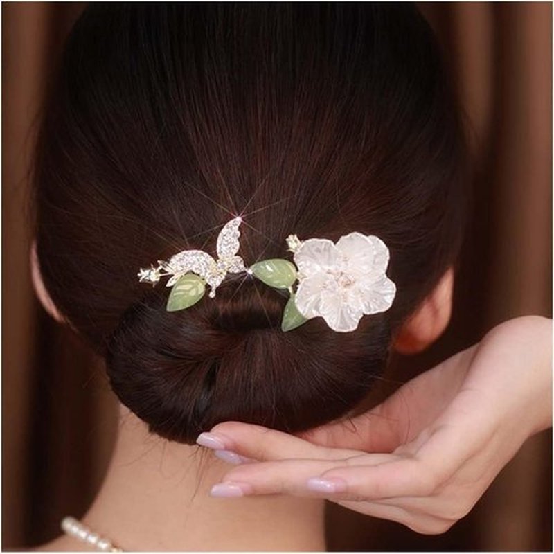 Ins Style Elegant Lazy Hair Curler, French Twist Hair Bun Maker, Lazy Flower Hairpin,Rhinestone Hand-Embroidered Flower Hair Accessory (Peach Blossom+Wings+Butterfly)
