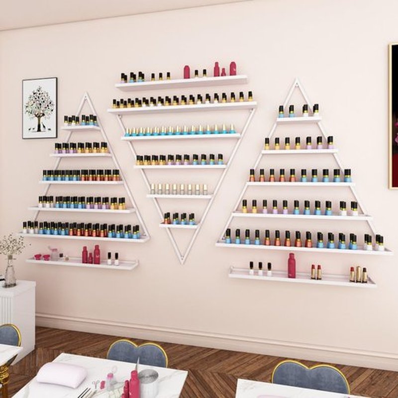 LEYSRIS Wall-Mounted Nail Polish Rack, Set of 6 Triangular White Nail Polish Shelf Lipstick Perfume Cosmetic Display Shelf for Home Spa Nail Salon Shop