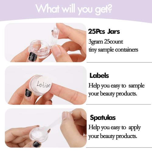 3 Gram Sample Containers with Lids, 25 Count Clear Sample Jars, Empty Lip Balm Containers, Mini Cosmetic Containers with Lids, Makeup Travel Containers with Labels, Mini Disposable Spatulas