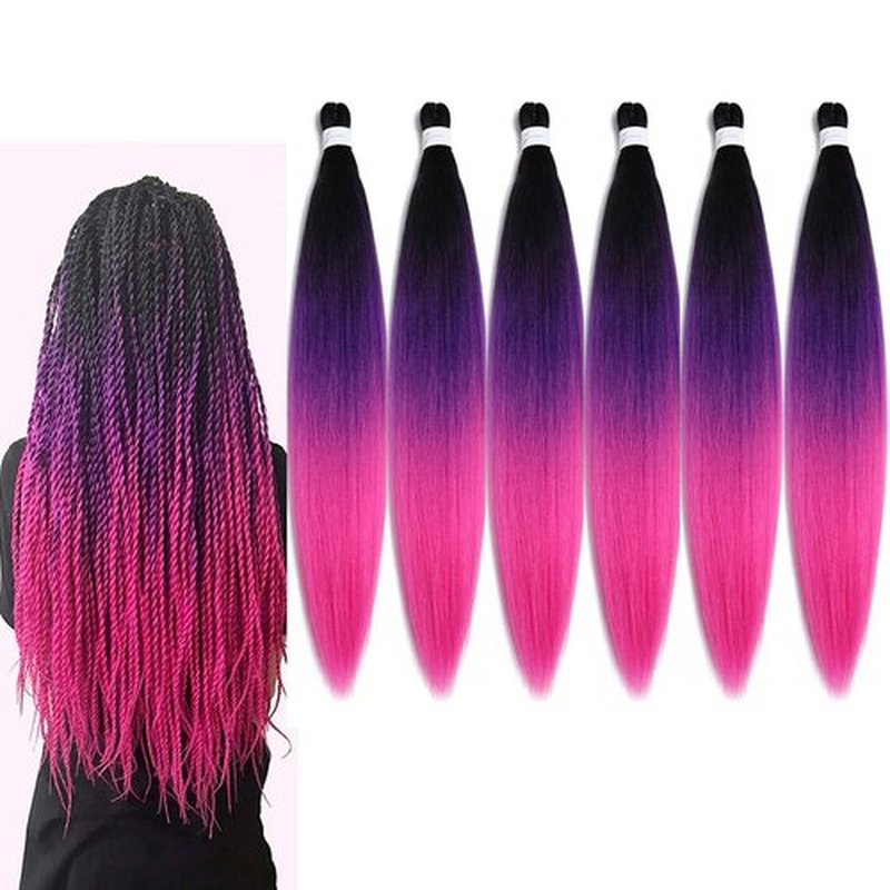 BALINGHAIR Pre-Stretched Braiding Hair Extensions Braids Hair 28 Inch Ombre Black to Purple to Rose Red(C11-6Packs)