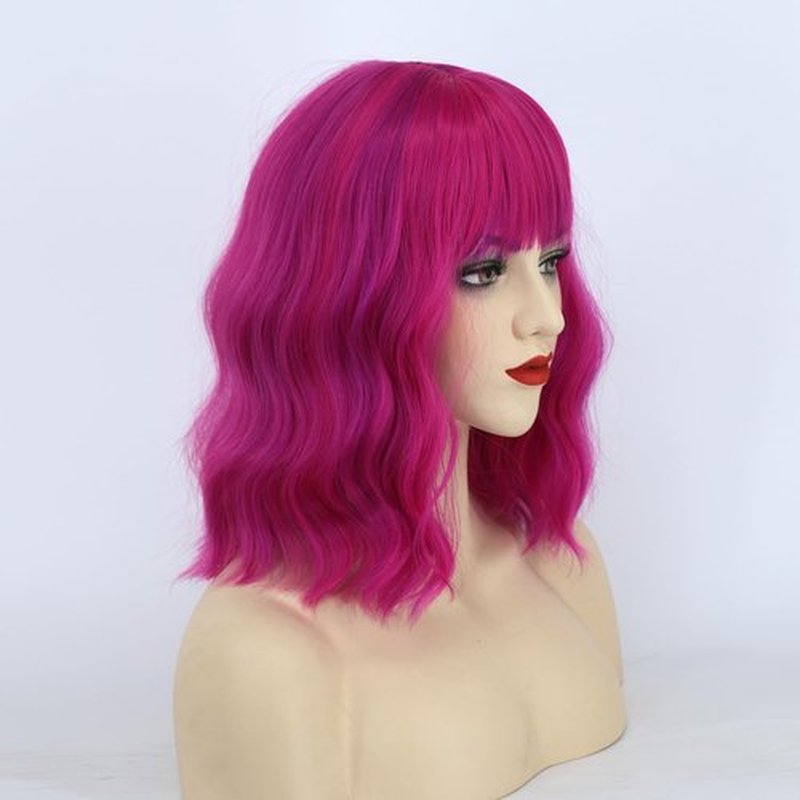 Amyqueen Short Bob Wig for Women Loose Wavy Bob Wig with Bangs for Women Synthetic Short Curly Wave Wigs Heat Resistant Fiber Hair Wigs for Daily(Rose mixed Purple)