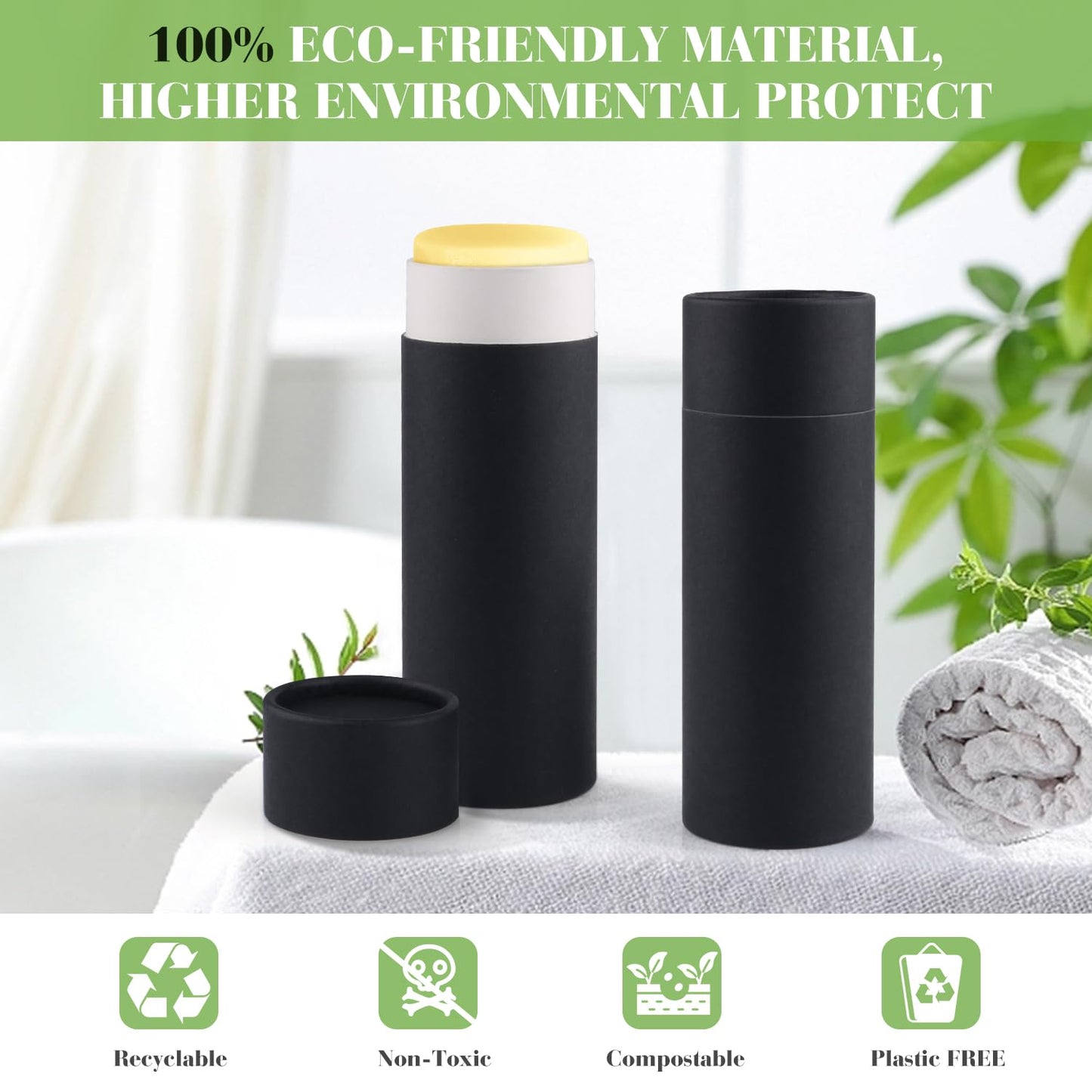 Furnido 10 Pcs 2 oz Cardboard Deodorant Containers,Push-Up Style,Top-Fill,Empty Kraft Paperboard Tubes Lip Balm Containers,Compostable Round Body Lotion Sticks Tube DIY Homemade Lip Balm Holder,Black