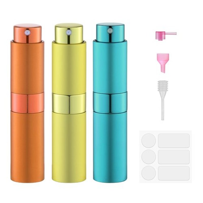 Fusupak 8ml Perfume Atomizer, Travel Cologne Spray Bottle, Refillable Portable Sprayer (Orange, Yellow, Cyan)