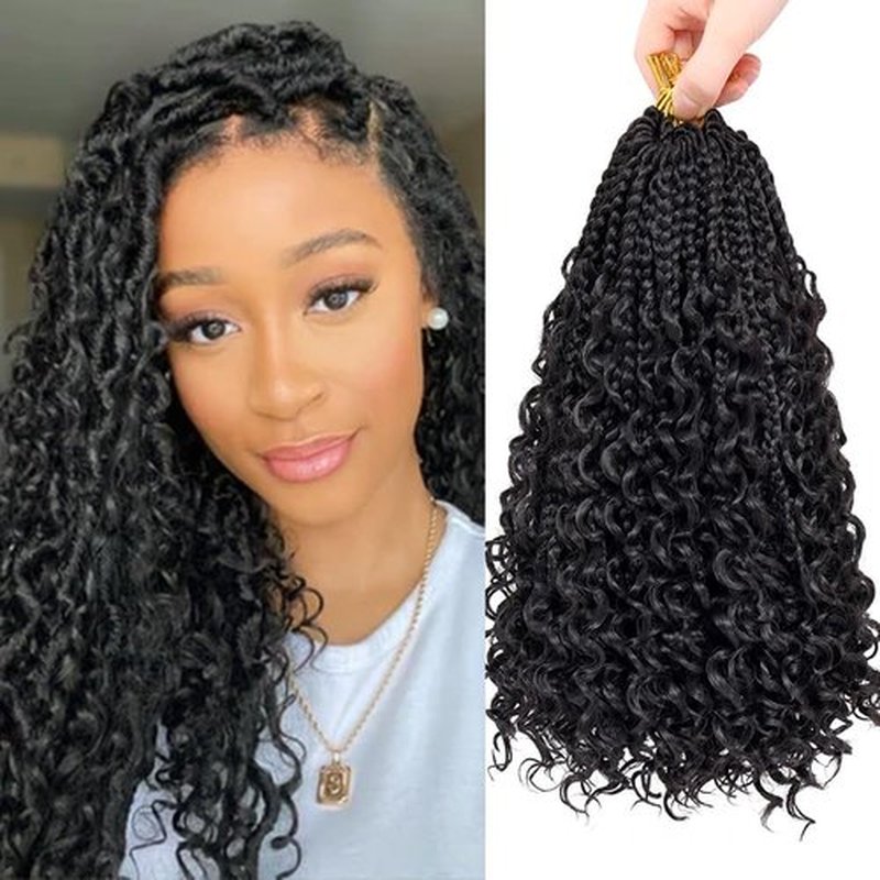 Boho Box Braids 10 Inch Crochet Hair Bohemian Crochet Box Braids with Curly Ends Goddess Box Braids Synthetic Crochet Hair for Black Women (#1B, Pack of 7))