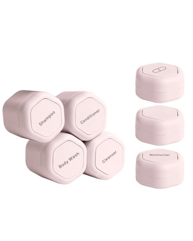 Cadence Travel Containers - Daily Routine Capsule Set - Magnetic Travel Capsules - For Shampoo, Conditioner, Body Wash, Pills, and More - 4 Flex Mediums (1.32oz) & 3 Flex Smalls (0.56oz) - Petal