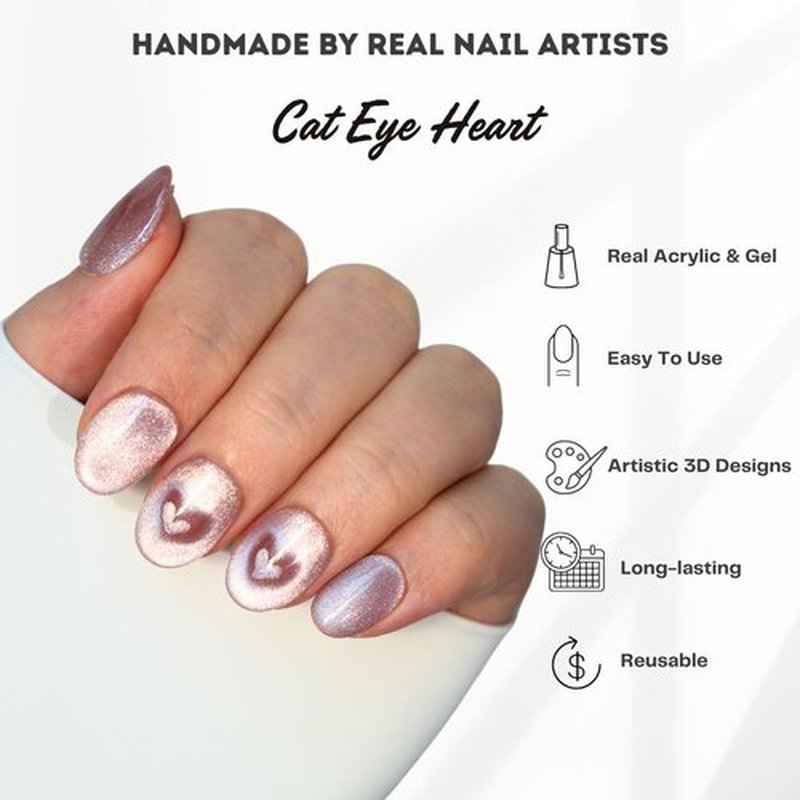 Hanakoko Press on Nails Handmade Nails 3D Press on Nails Short Medium Oval Almond Nails Fake Nails Glitter Cat Eye Nails Gel Nails Durable Reusable False Nails 10 Pcs (Cat Eye Heart Pink, S)