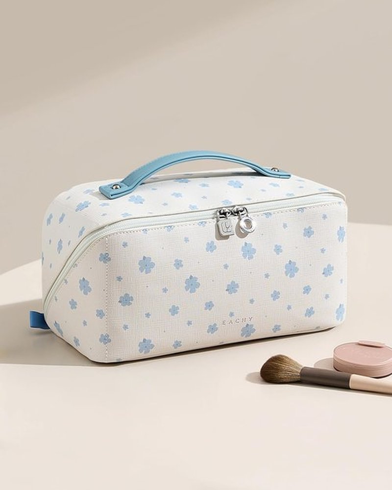 EACHY Travel Makeup Bag,Large Capacity Cosmetic Bags for Women,Waterproof Portable Pouch Open Flat Toiletry Bag Pattern Makeup Bag (C-Blue-Large)