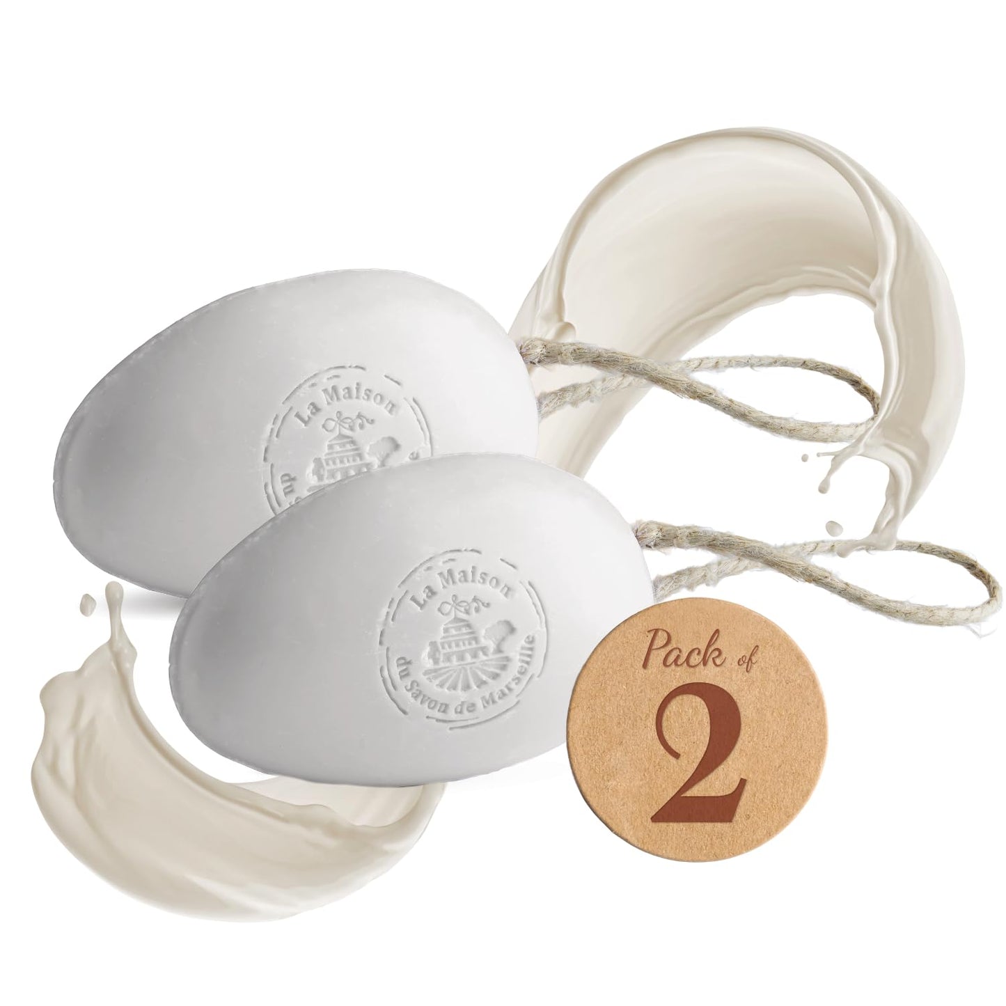 La Maison du Savon - Donkey Milk French Soap on a Rope Duo - Moisturizing Hand & Body Soap Bars with Organic Shea Butter, Donkey Milk - Natural Ingredients - Solid Soap Made in Provence - 2 x 6.2 Oz