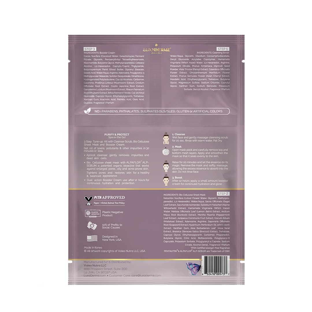 LuxaDerme Purify & Protect 3 Step Tune-Up Kit - Cleansing Scrub, Bio Cellulose Sheet Mask, Booster Cream (Pack of 5)