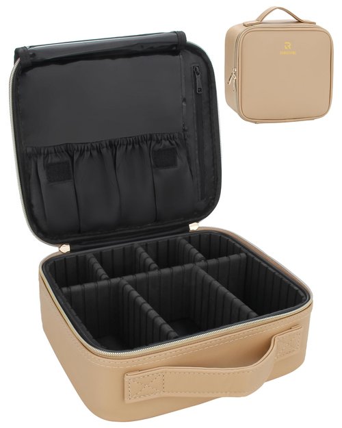 Relavel Travel Makeup Train Case Makeup Cosmetic Case Organizer Portable Artist Storage Bag with Adjustable Dividers for Cosmetics Makeup Brushes Toiletry Jewelry Digital Accessories Brown
