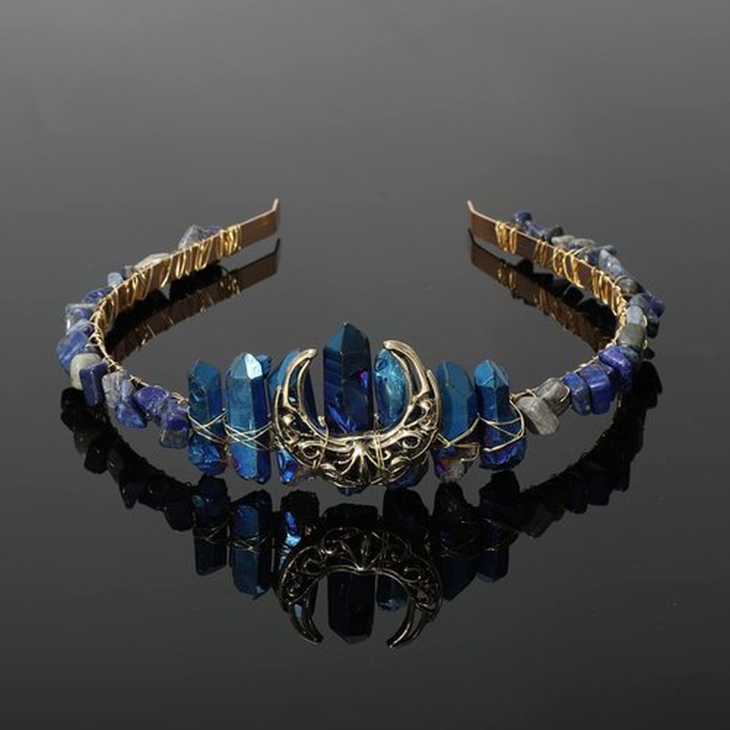 Raw Crystal Quartz Tiara Headband - Moon Stars Crystal Boho Tiara Hairband Sun Goddess Crown Wedding Bride Headpiece for Woman(moon (blue))