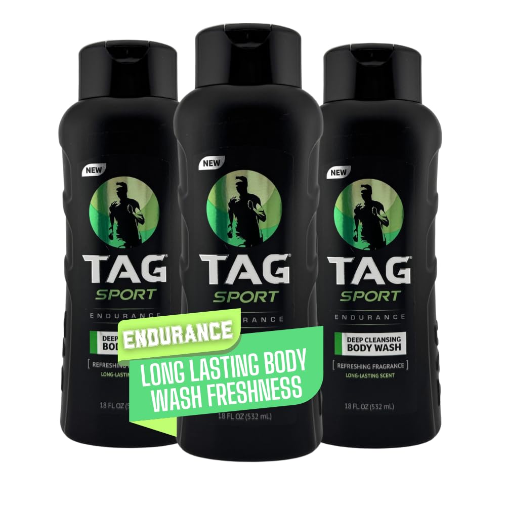 TAG Mens Body Wash, Refreshing Shower Gel, with Deep Cleansing, Long Lasting Fearless Scent, Revitalizing Body Wash Formula for Active Men; 3-Pack (18 Fl Oz Each) (Endurance)