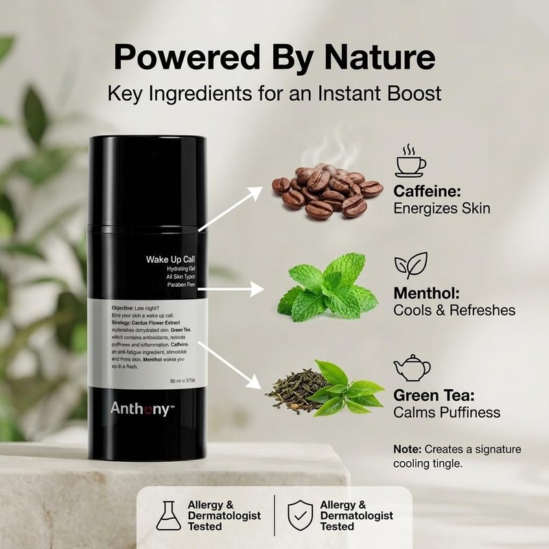 Anthony Wake Up Call Face Moisturizer - Anti-Puffiness Formula with Caffeine, Menthol & Green Tea | 3 Fl Oz