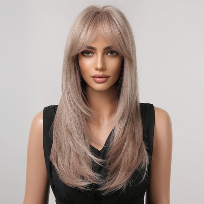 BERON Brown Blonde Wig Long Layered Wig with Bangs Brown Mix Blonde Wig Layered Wig Ash Blonde Wigs for Women Natural Synthetic Wigs for Daily Use