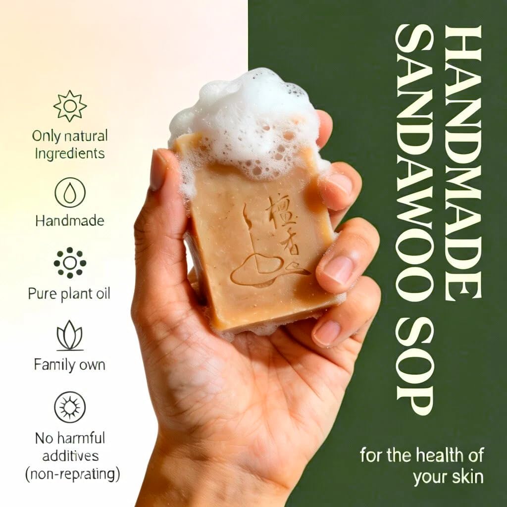 verovita Handmade Sandalwood Soap - Cold Process, 48 Days Cured, pH Balanced, Plant Oils, 3oz + Foaming Net