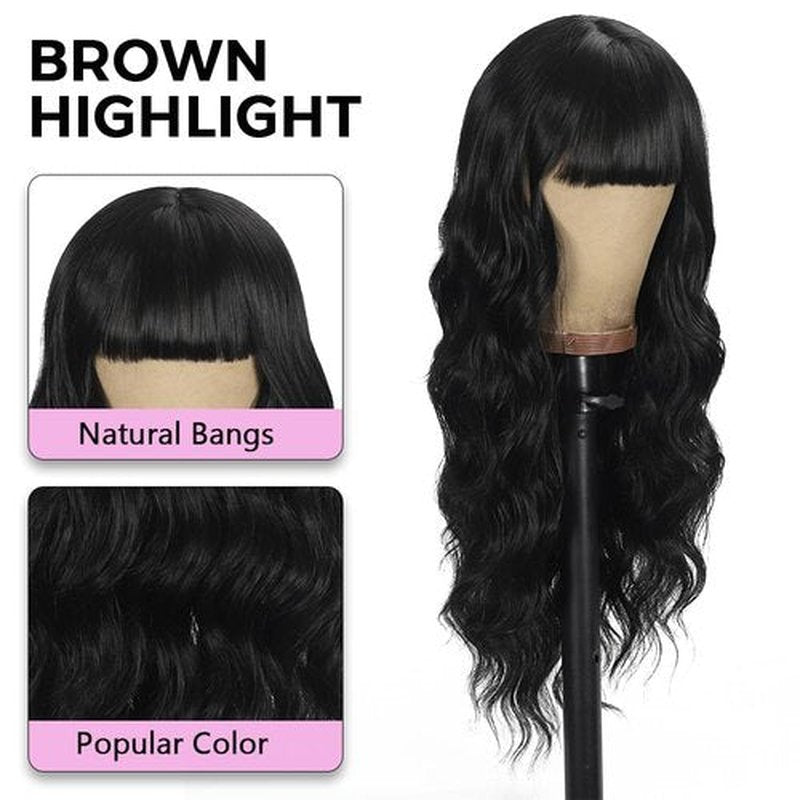 UNNYMGER Black Wig with Bangs Curly wavy Wig for Women Long Natural Black wavy wigs skin-friendly synthetic fibersc for festival holiday Use 26IN