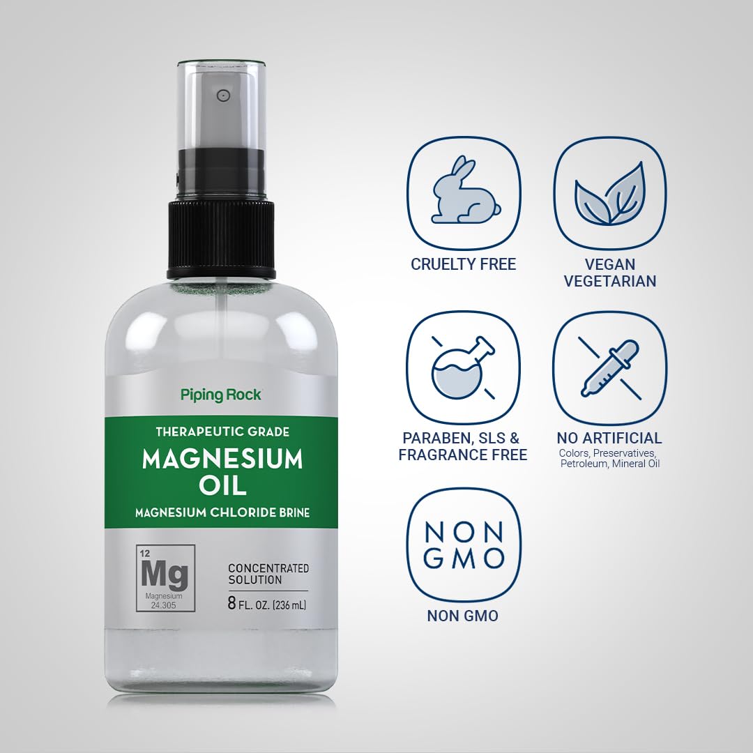 Piping Rock Pure Magnesium Oil Spray | 8 Fl Oz | Magnesium Chloride Brine | Liquid Concentrated Solution | Therapeutic Grade | Non-GMO, Gluten Free