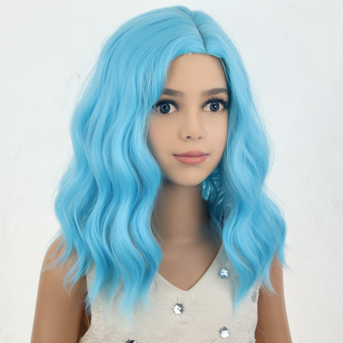 PATTNIUM Kids Blue Wig Short Wavy Wig Light Blue Wig for Kids Cosplay Halloween Party Costume Heat Resistant Synthetic Wig for Girls (Light Blue)