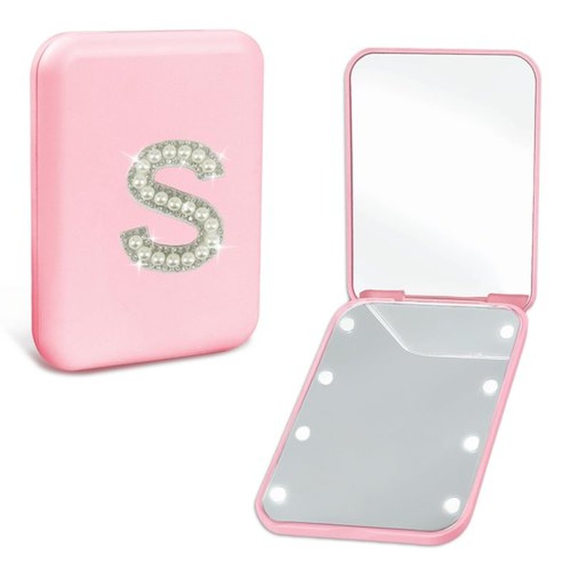 Aganmi Travel Essentials Accessories Personalized LED Pocket Mirror Pearl Letter 1X/2X Magnification Small Travel Makeup Mirror with Lights Pink Folding Compact Mirror for Women Teen Girl (S)