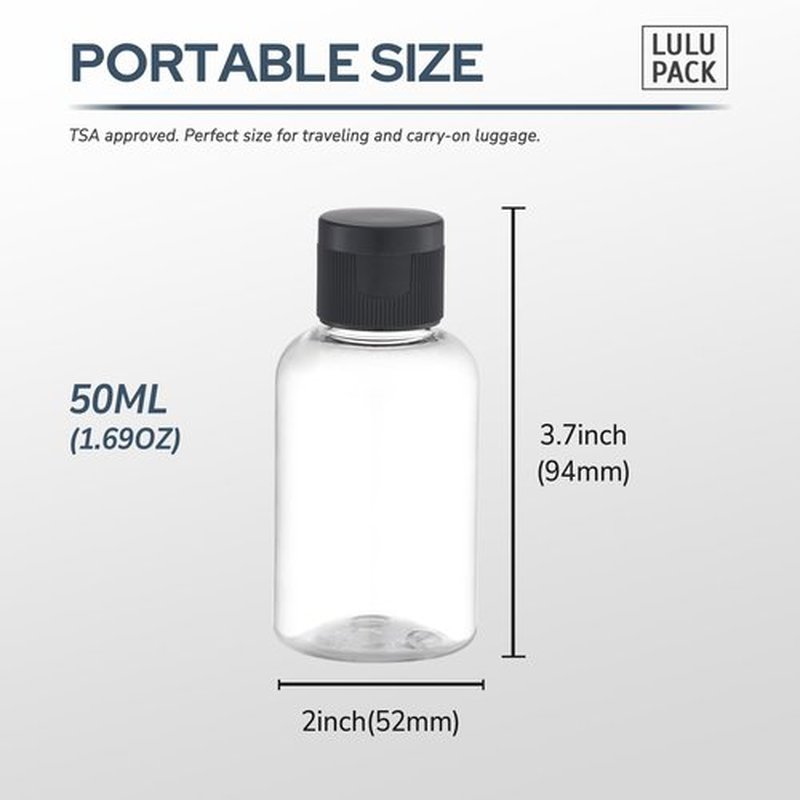 Lulupack Travel Bottles for Toiletries, 50ml/1.6oz Plastic Small Travel Size Containers for Shampoo (9pcs, Black Caps)