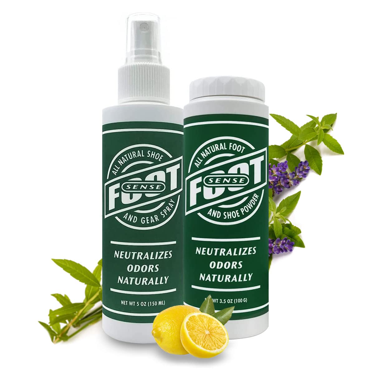 FOOT SENSE BUNDLE - All Natural Foot and Shoe Powder 3.5 oz & FOOT SENSE All Natural Shoe and Gear Spray 5 oz - Odor Fighting Combo