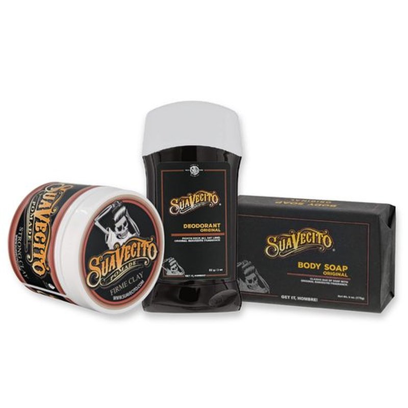 Suavecito Pomade Signature Scent Essentials Bundle: Clay Hair Styling Pomade, Aluminum Free Deodorant, Moisturizing Body Soap