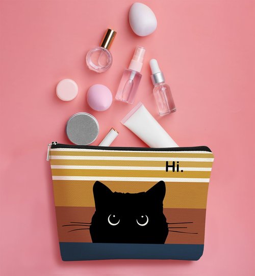 BARPERY Cat Makeup Bag, Cute Makeup Bag, Cat Gifts for Cat Lovers Women, Black Cat Gifts, Hi Black Cat Kitty Cosmetic Bag, Cat Makeup Pouch, Cat Stuff for Cat Lovers (Sunset color)
