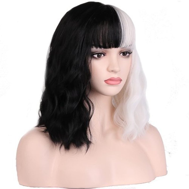 incohair Short Curly Black and White Wigs with Bangs Women's Natural Wavy Synthetic Hair Wigs for Halloween Cosplay Party…