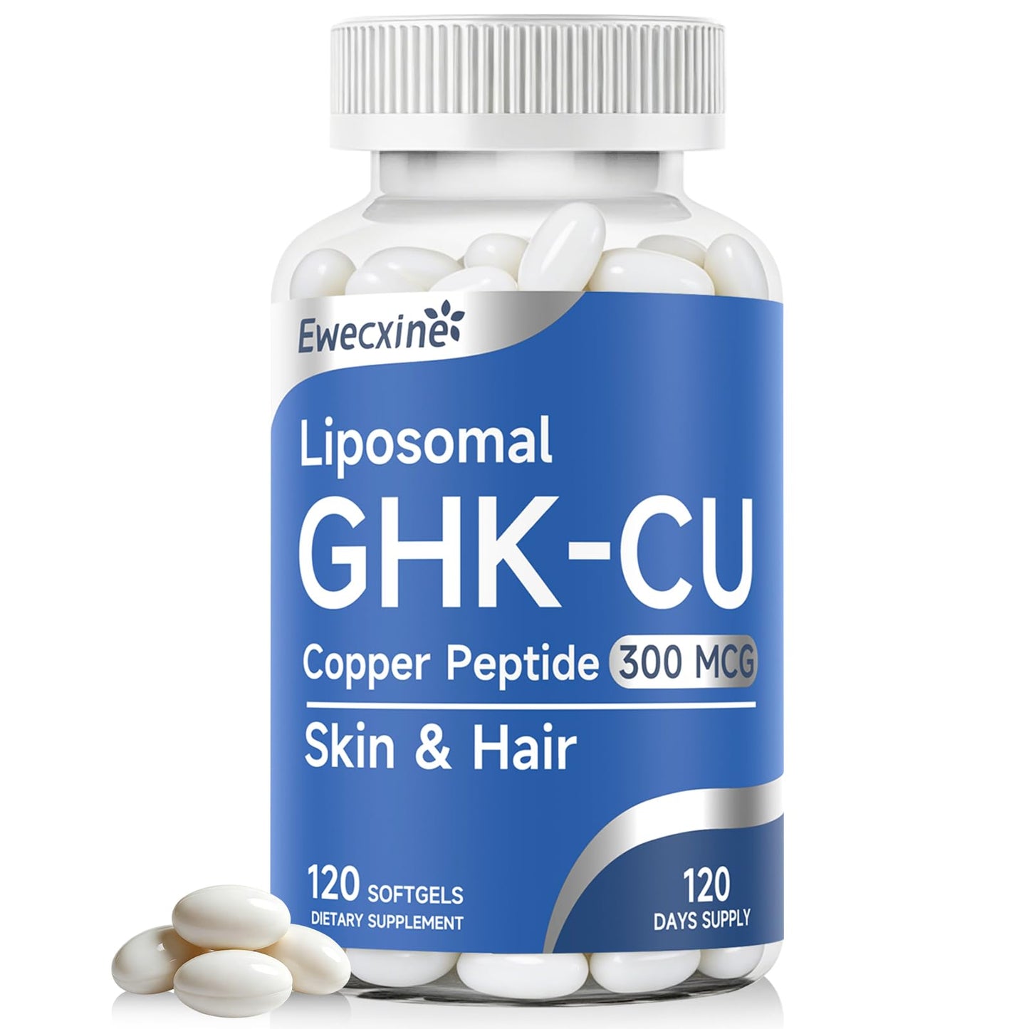 Ewecxine GHK-Cu Copper Peptide Supplement, 300 mcg per Serving, Liposomal Formula, 120 Softgels – Beauty Support Matrix with Biotin, Phytoceramides & Herbal Blend