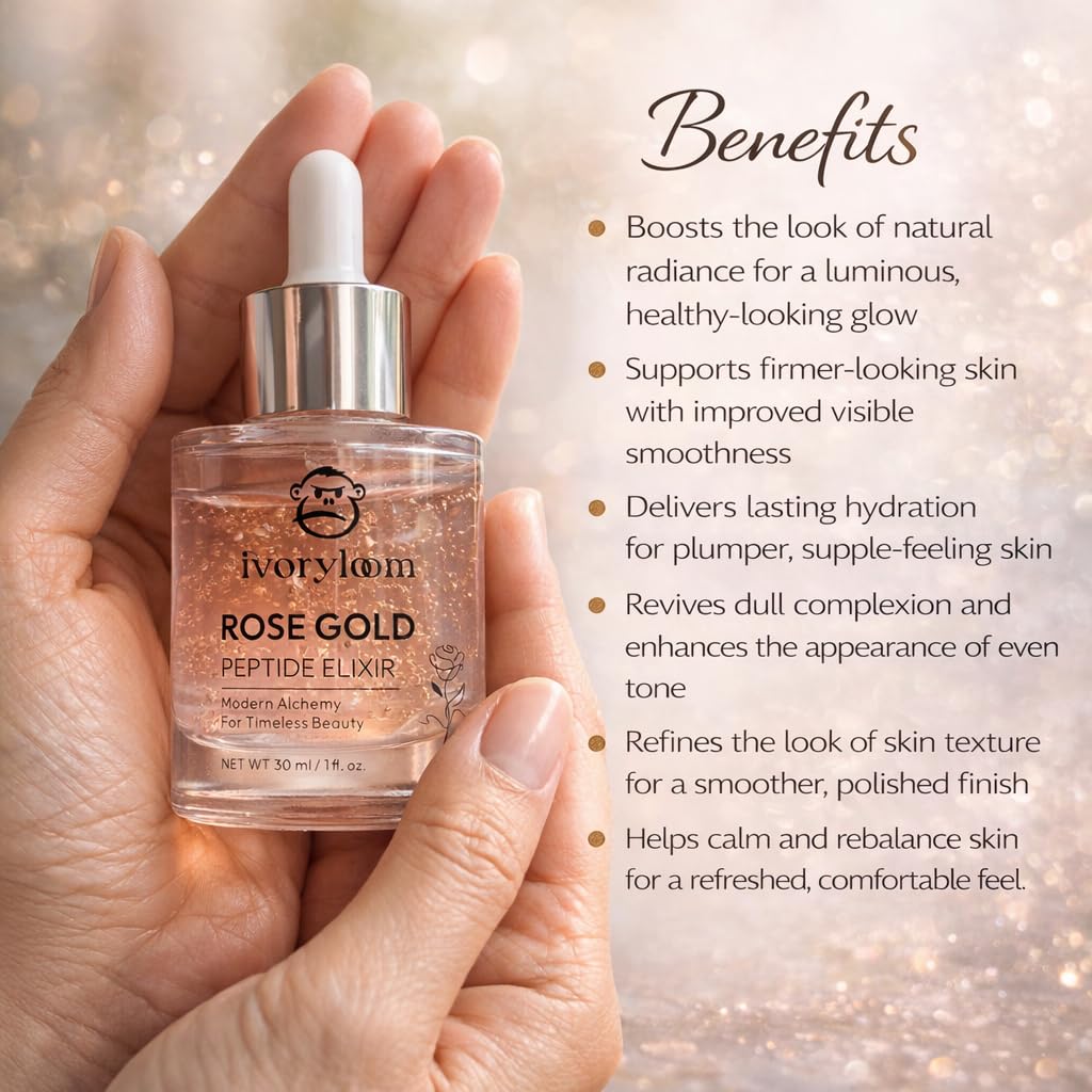 ivoryloom Rose Gold Peptide Elixir Face Serum | 24K Gold, Rose Extract, Peptides, Hyaluronic Acid, Vitamin C & Niacinamide | Luxury Hydrating Brightening Serum for Radiant Skin | 1 fl oz