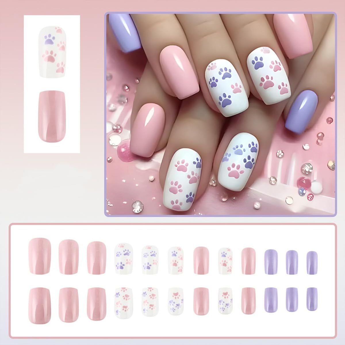 24Pcs Cute Press on Nails Square Short Fake Nails Solid Color Glue on Nails Cat Claw False Nails with Designs Valentine's Day Acrylic Nails Glossy Artificial Stick on Nails for Women Girls