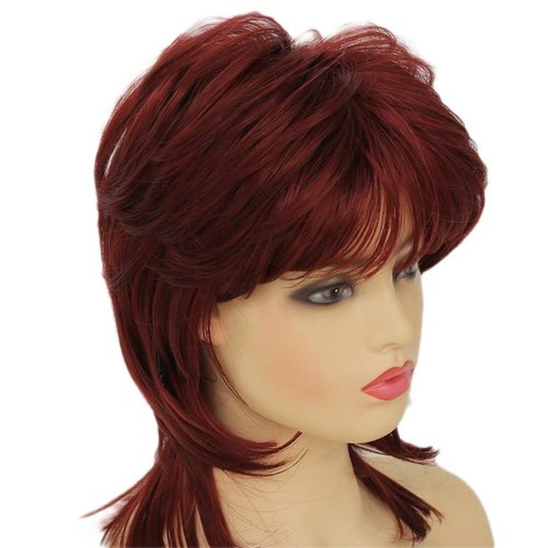Dai Cloud Short Wine Red Mullet Wig for Women 80s Shaggy Layered Pixie Cut Wigs With Bangs Curly Synthetic Hair Replacement Wigs for White Women Daily Party Cosplay Costume Use