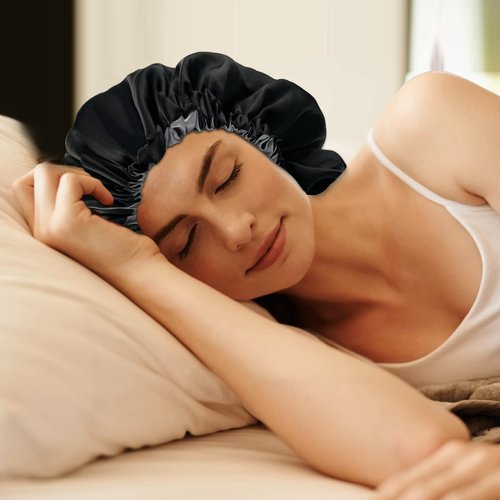 Satin Bonnet Silk Bonnet for Curly Hair Bonnet Braid Bonnet for Sleeping Bonnets for Women Large Double-Layer Adjustable Black