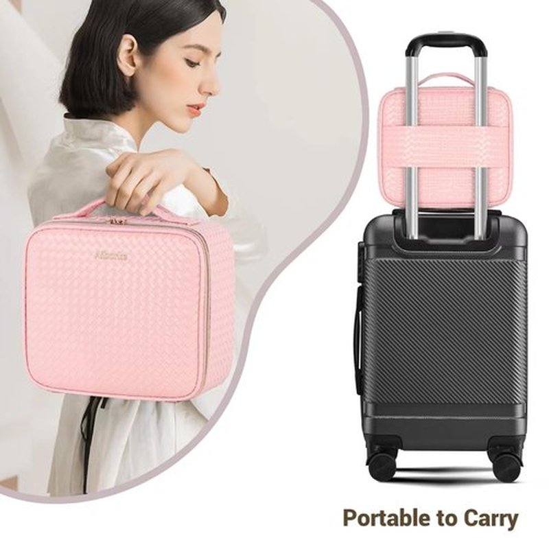 Aiborke Travel Makeup Bag with Led Mirror Makeup Case with Lighted Mirror Cosmetic Organizer bag with Adjustable Dividers and 5X Magnifying Mirror Gift for Women (Pink)